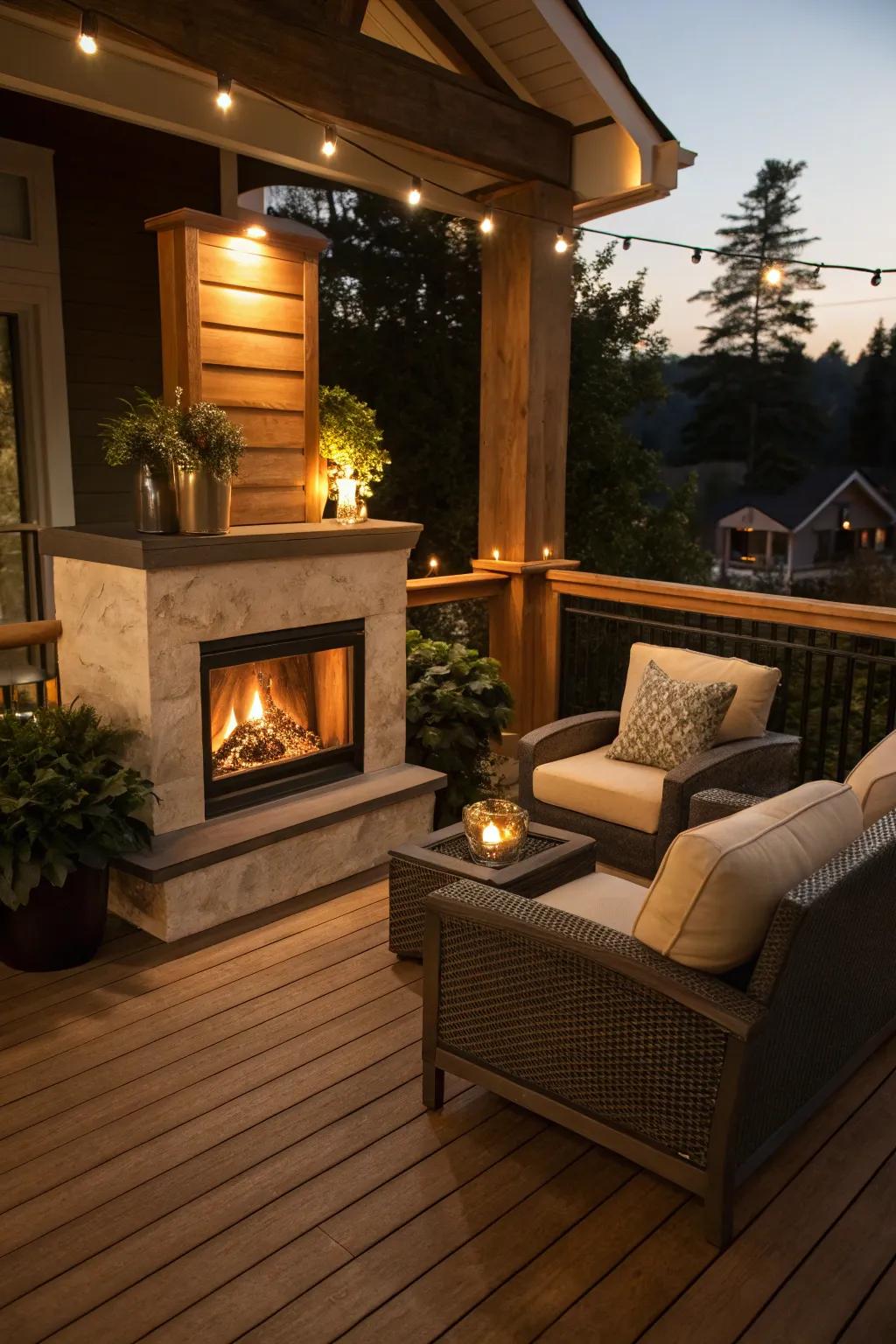 The electric fireplace creates a cozy atmosphere on this indoor deck.