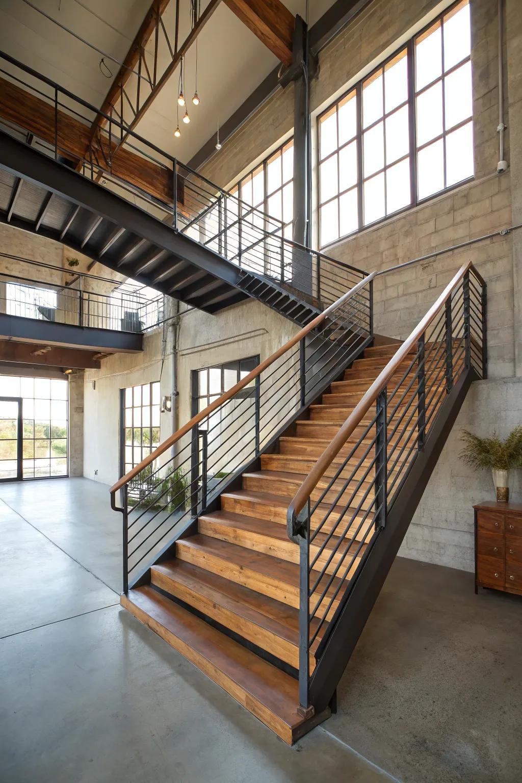 Industrial metal railings impart a daring and contemporary sensation.
