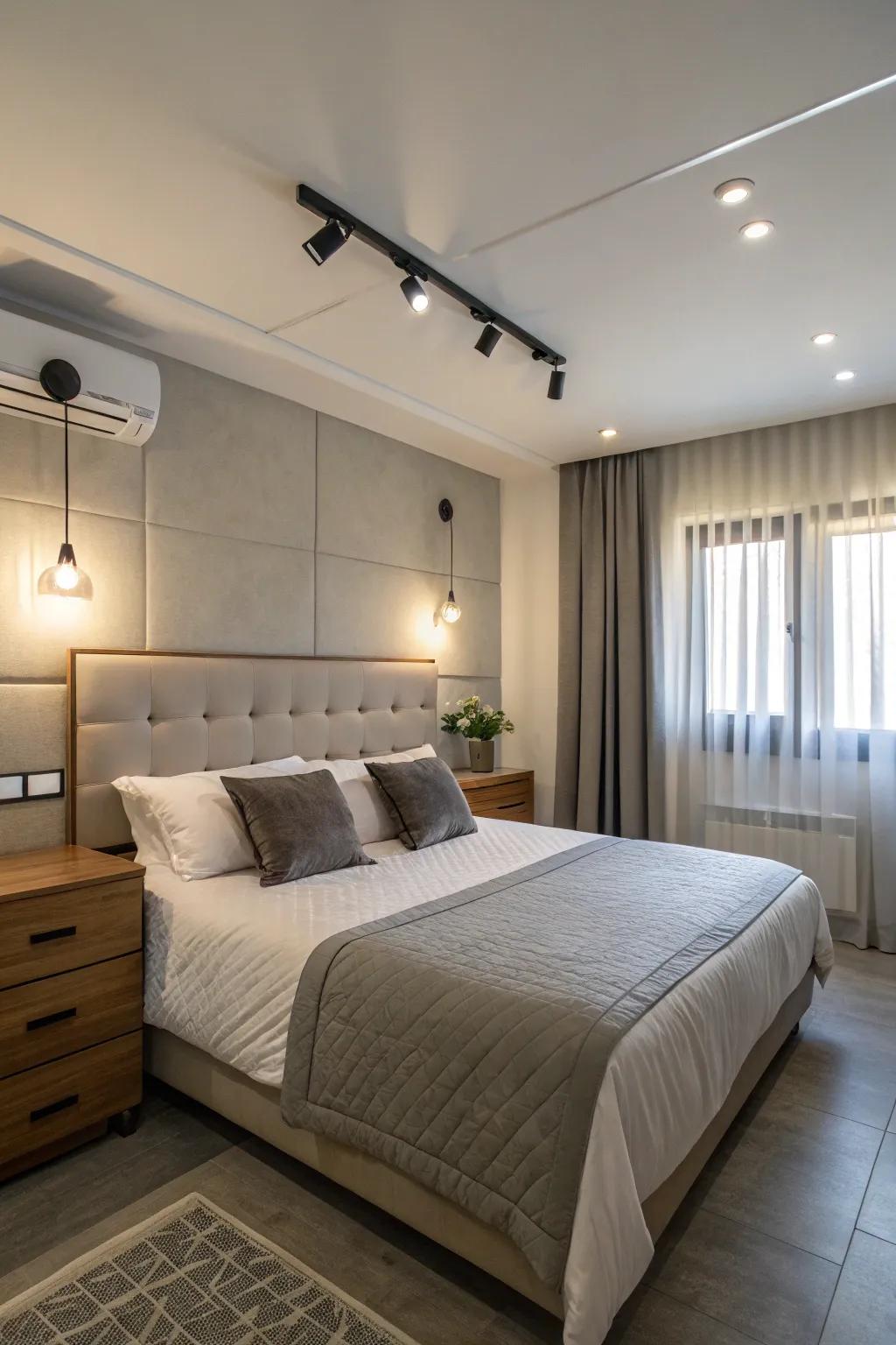 A cozy bedroom brightened by industrial LED wall sconce lighting
