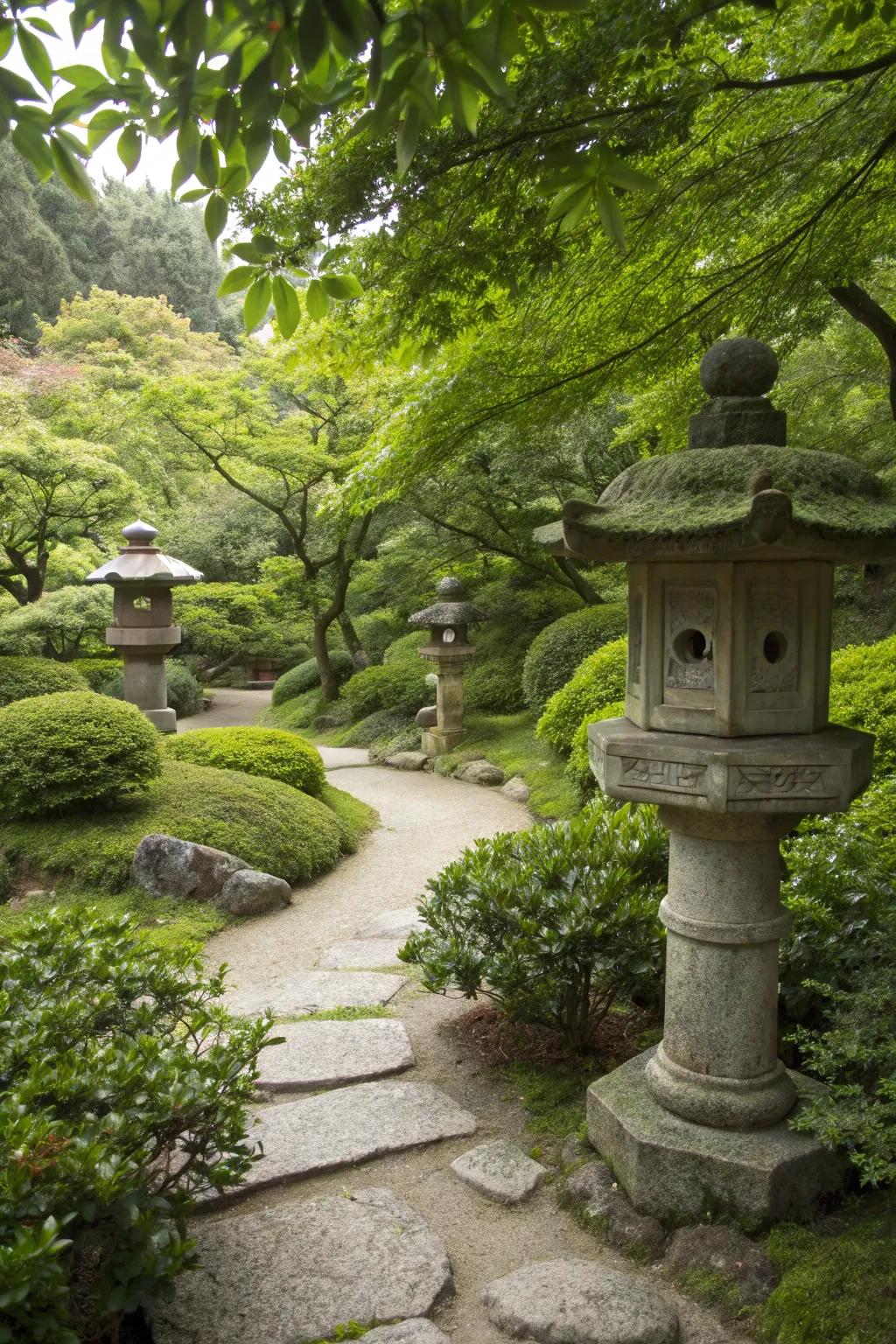 Traditional stone lanterns nestled among greenery in a Japanese garden.