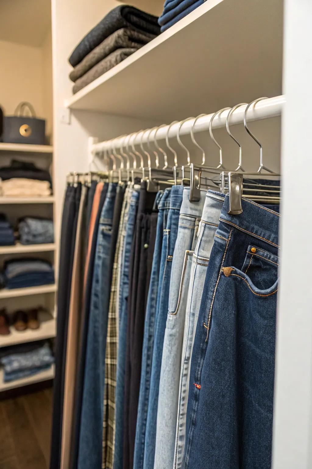 An intelligent vertical solution using S-hooks to store jeans.