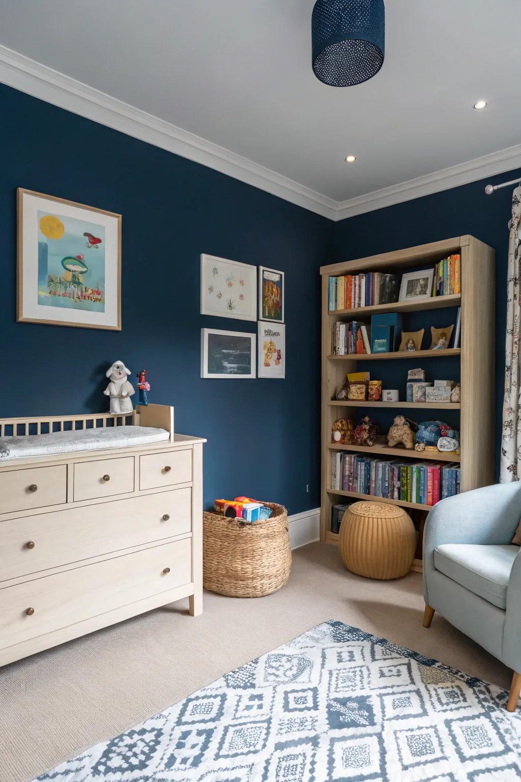 Deep blue walls matched with light furniture create a timeless contrast.