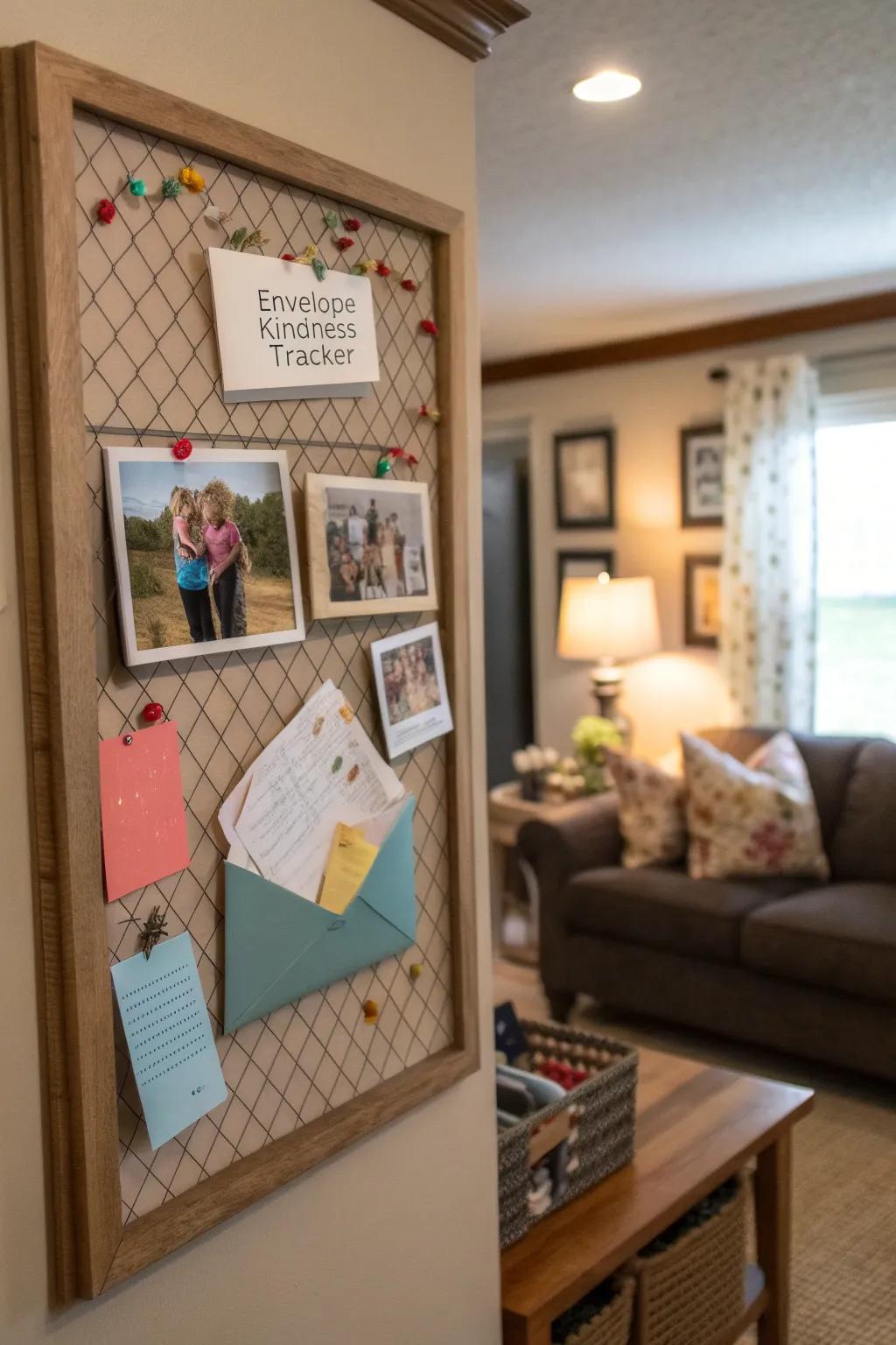 A family-centric room features a kindness tracker, complete with envelopes perfect for sharing tales of kindness and thoughtful messages.