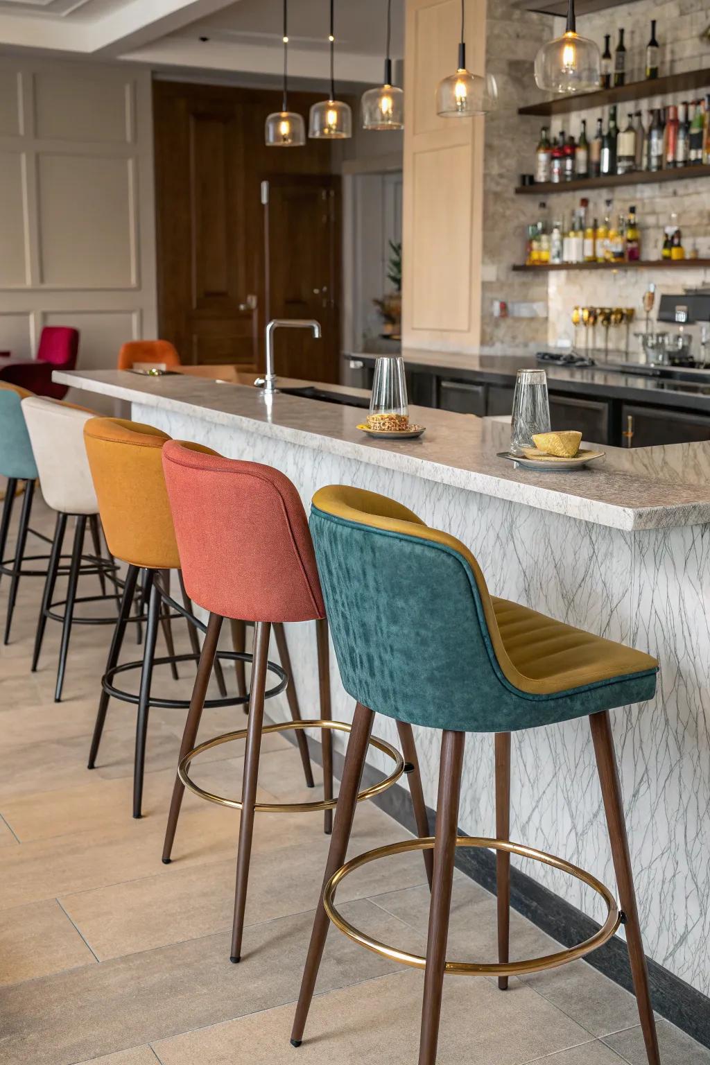 Varying seating choices adds character to your kitchen bar.