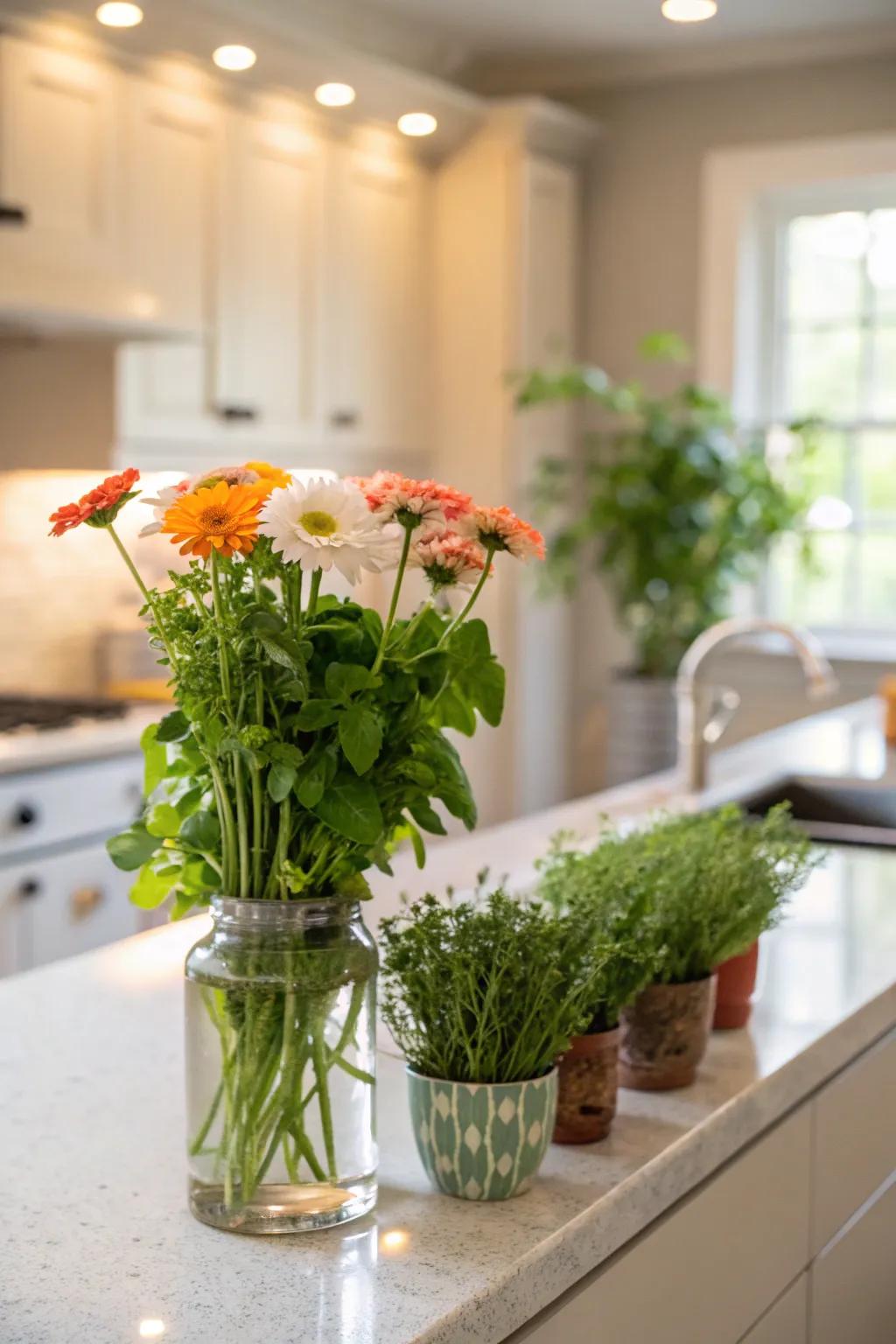 Plants and flowers adding life to the kitchen.