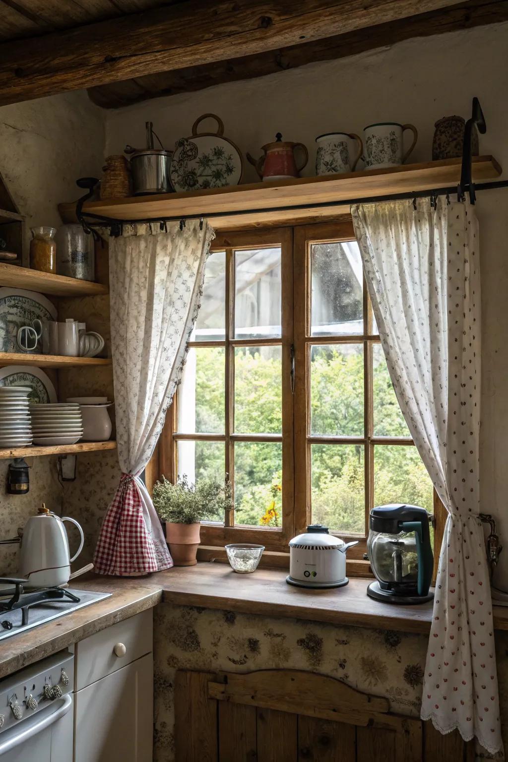 Café window coverings add personality while allowing natural light to brighten your kitchen.