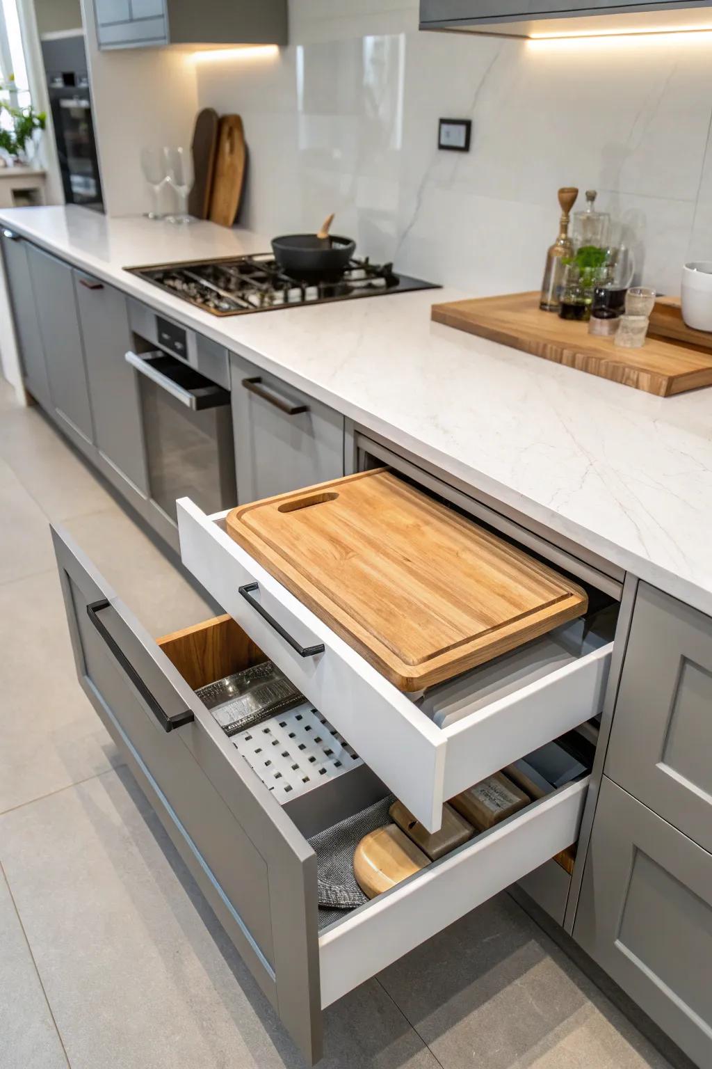 Slide-out boards introduce ease and economize crucial surface space.
