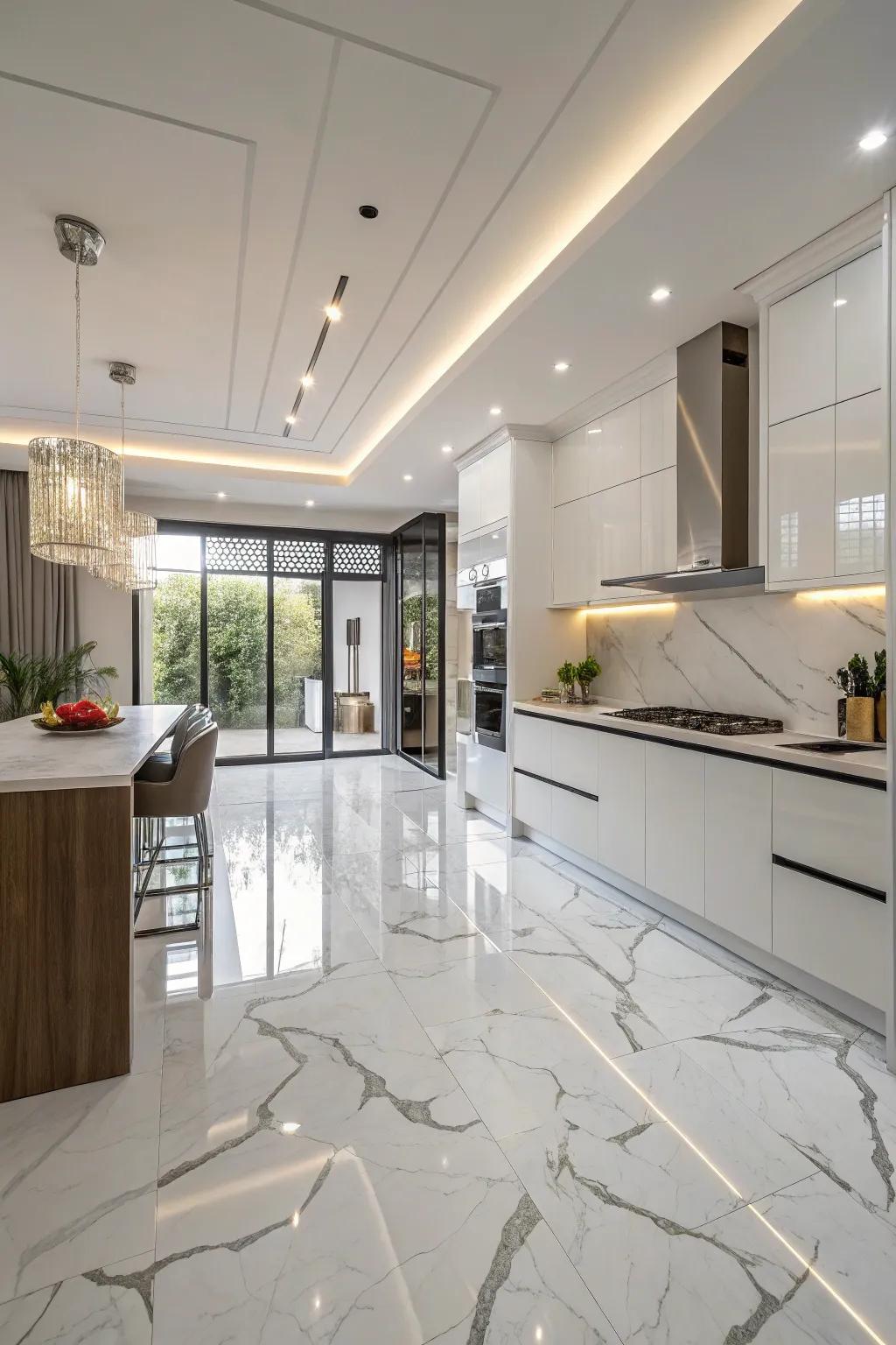 Achieve grandeur with marble-inspired squares in your cooking area.