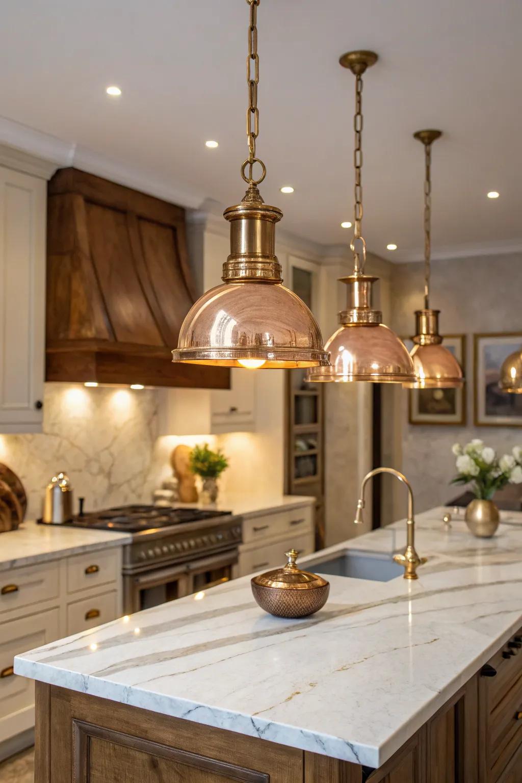 Brass and copper fixtures enrich this stylish kitchen with a hint of luxury.