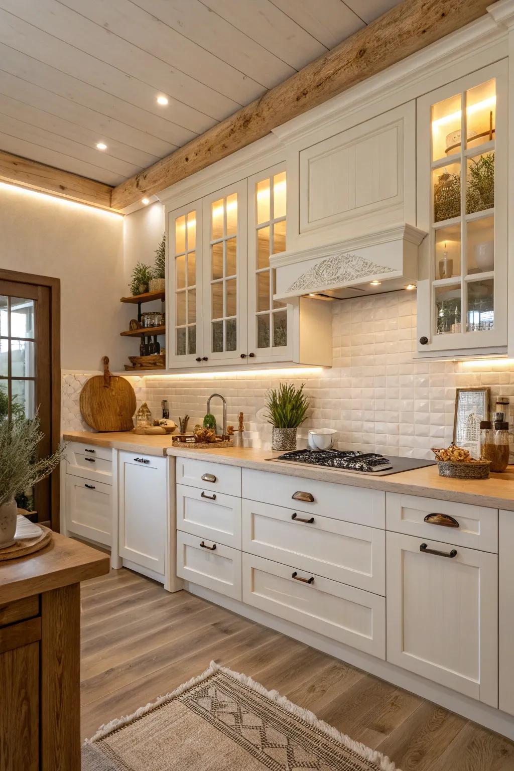 A kitchen showcases a serene and inviting palette.