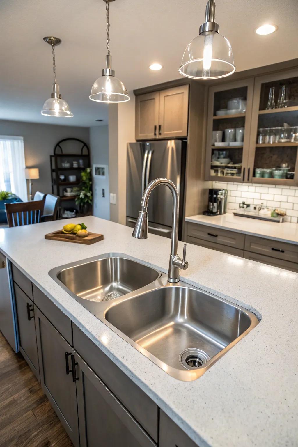 A functional kitchen showcasing a double bowl sink for multitasking.