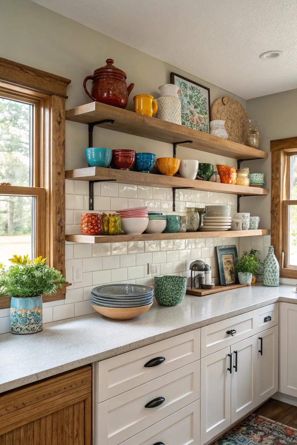 Open shelves in the soffit zone exhibiting stylish kitchenware.