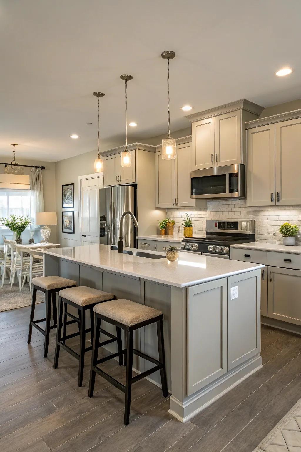 A tranquil modern kitchen highlighted by a palette of muted colors.