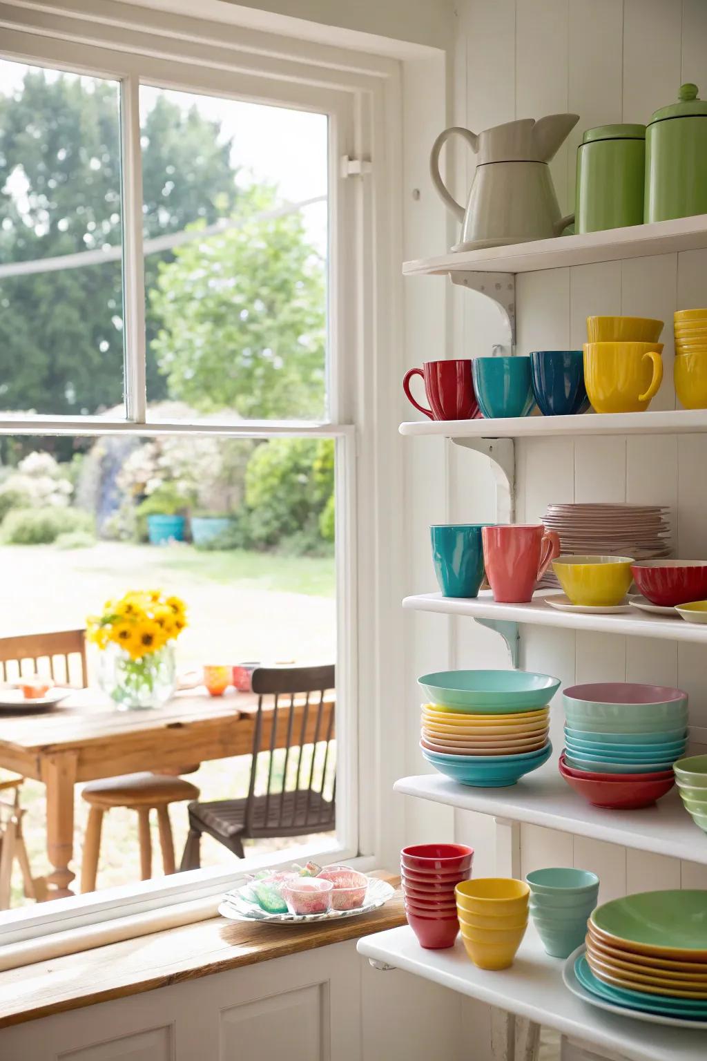 Kitchen window shelves displaying colorful dishware, adding character to the area.