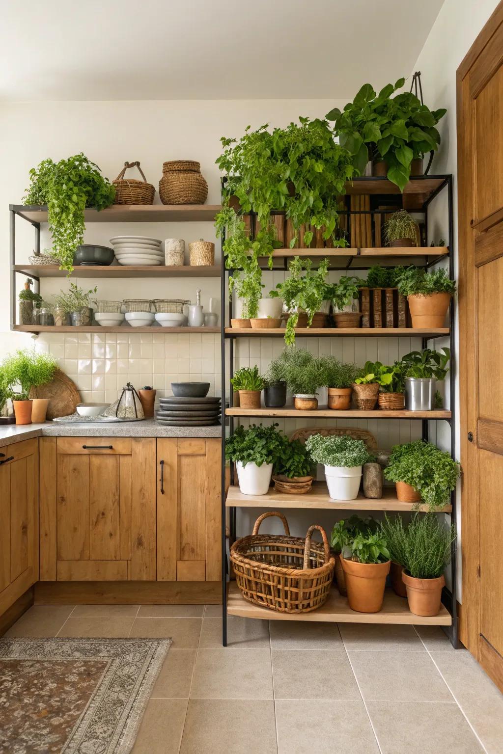Unite greenery and kitchenware using fashionable shelving.