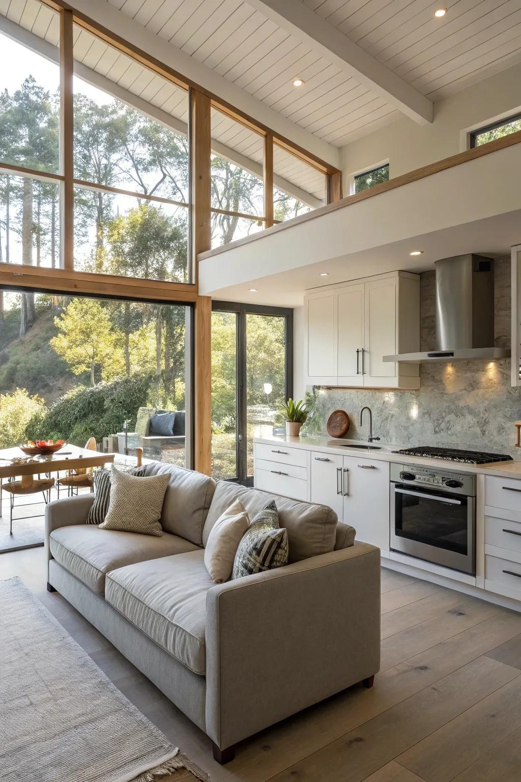 A sunny kitchen with a sofa space, filled with natural light streaming through large windows.