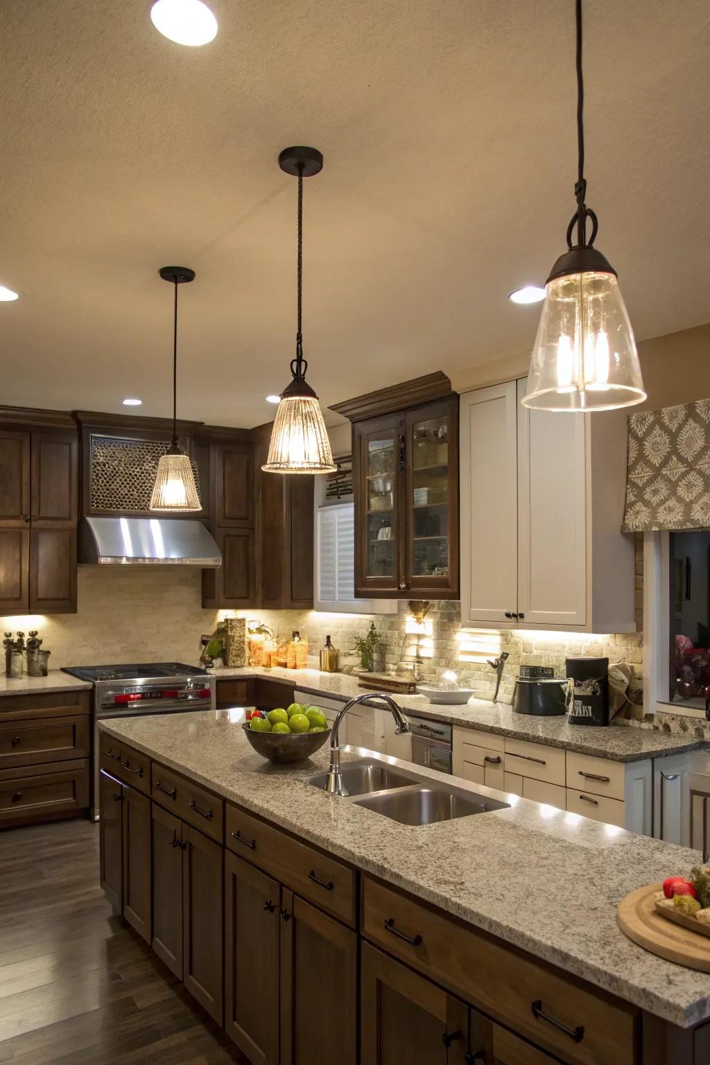 Layered lighting effectively brightens a windowless kitchen.
