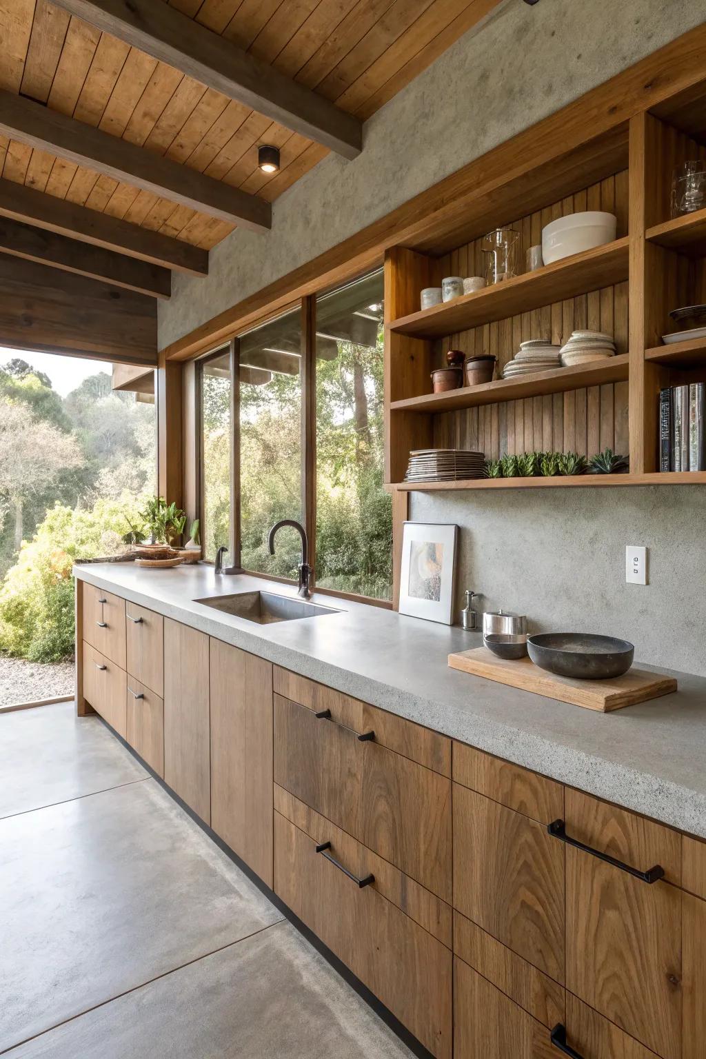 A cooking area harmonized with cement worktops and cozy timber accents.