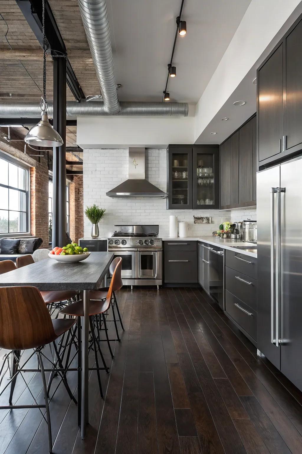 Brushed steel appliances and metallic accents infusing an urban edge into this kitchen featuring dark floors.