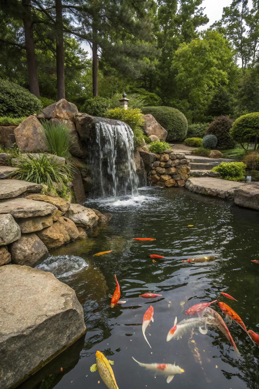 The gentle descent of a cascade elevates this water feature's tranquility.