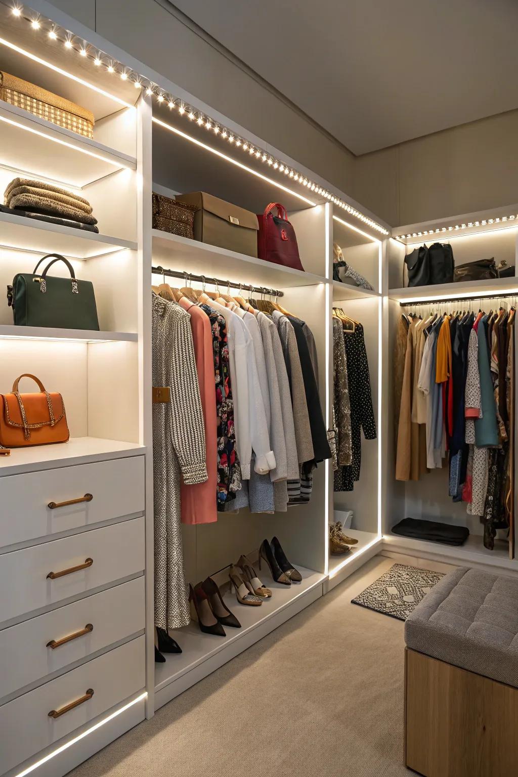 Enhance visibility with built-in lighting in your walk-in closet.