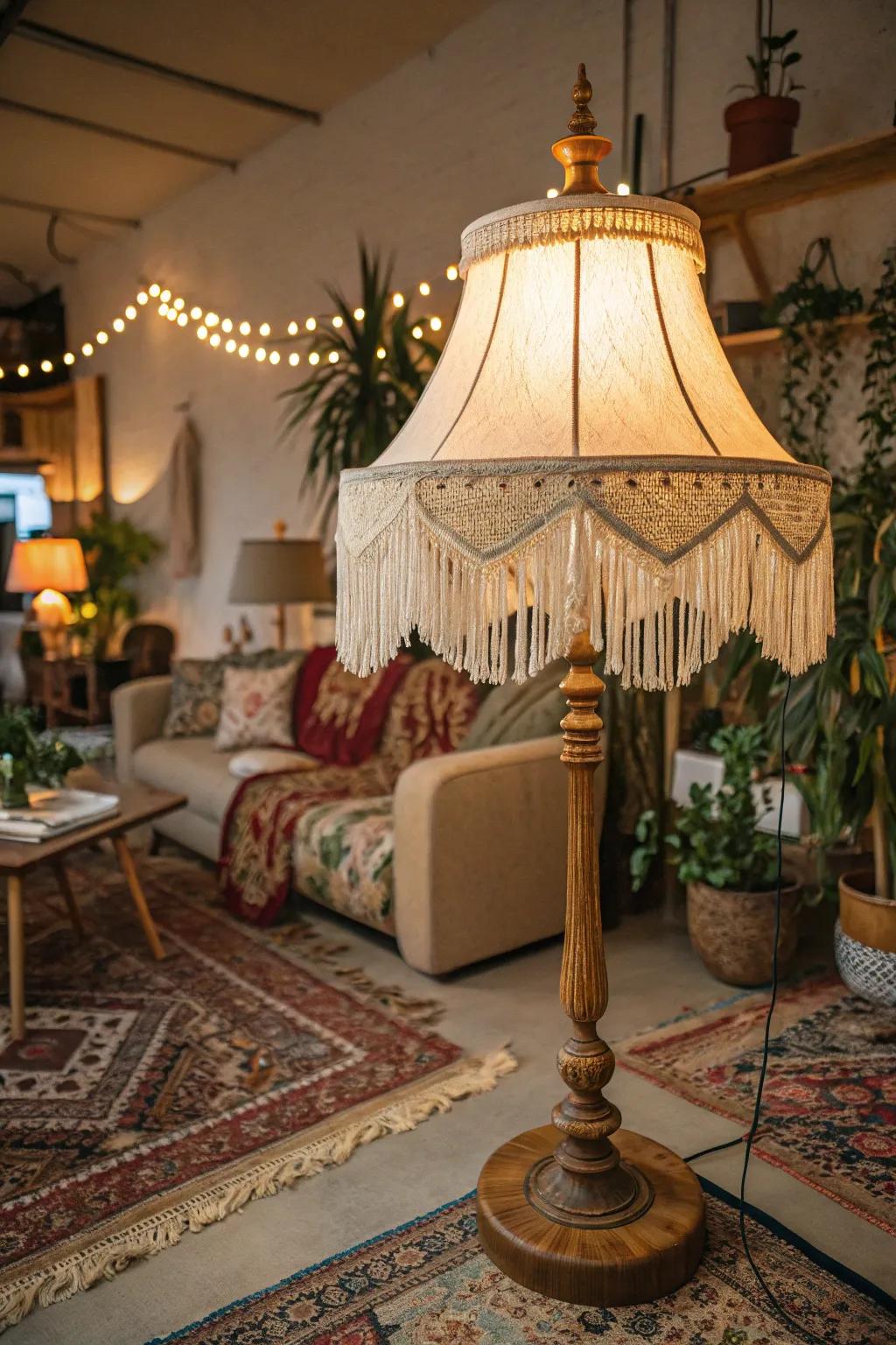 Cultivate a bohemian allure by incorporating fringe trim onto your lampshade.