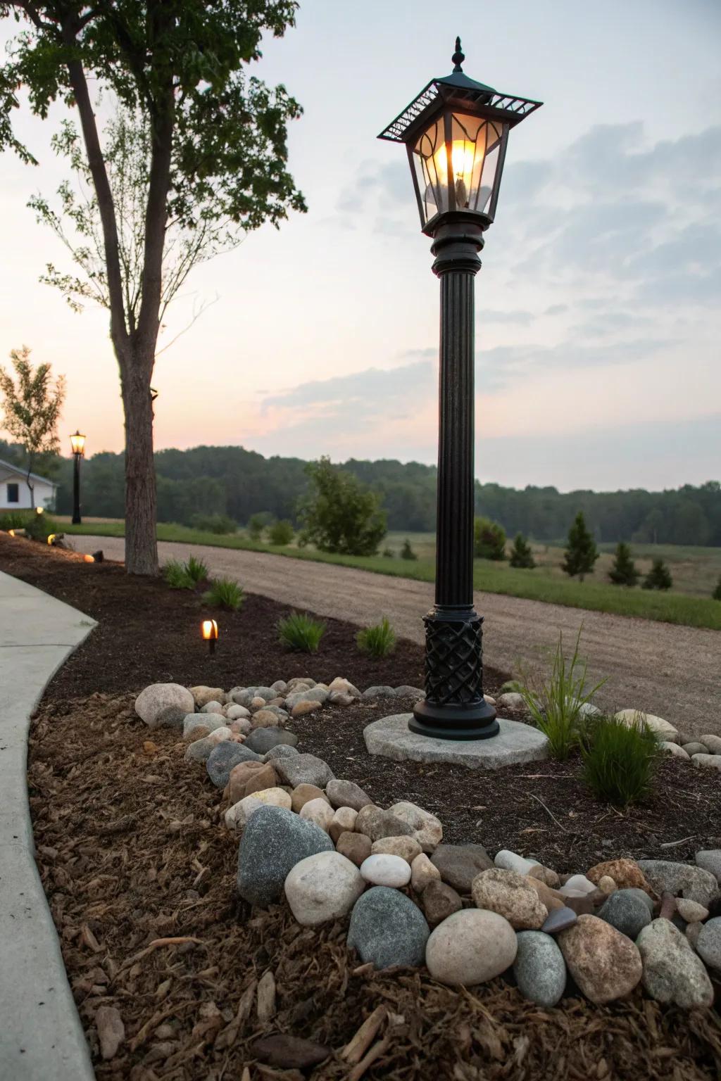 Ornamental stones providing a pristine finish around the lamp post.
