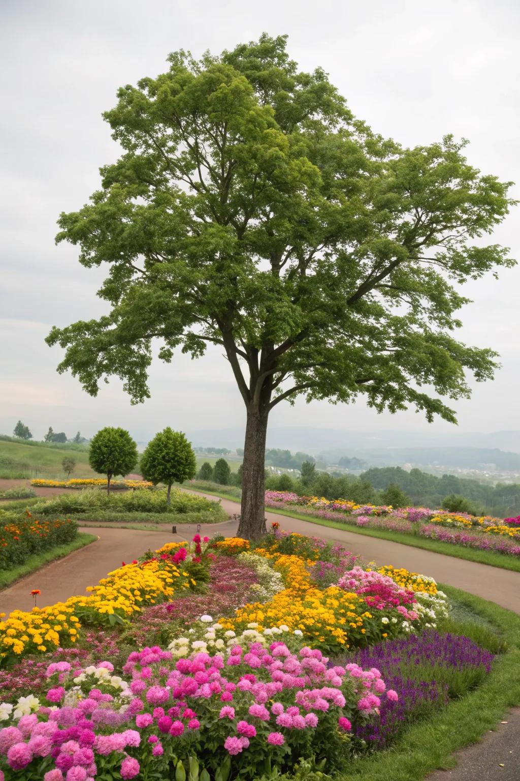 Any tree's base gains vibrancy and color from flowers.