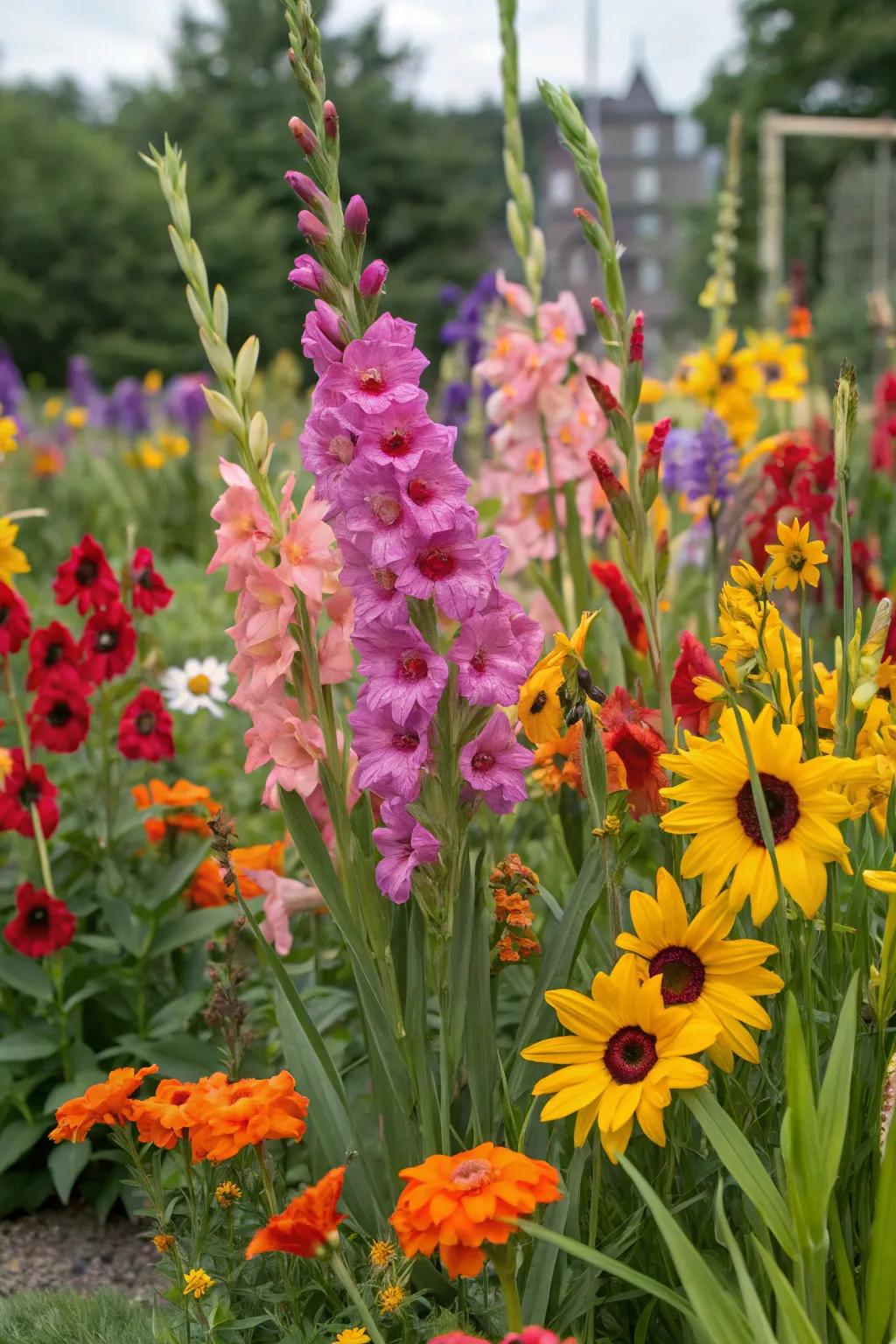 Gladiolus and sunflowers intertwine, creating a dynamic tapestry in the garden.