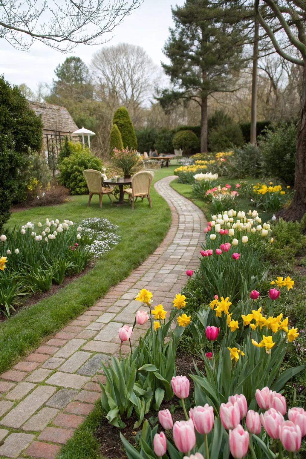 Bloomglows and sunshines add design and color to a garden walkway.