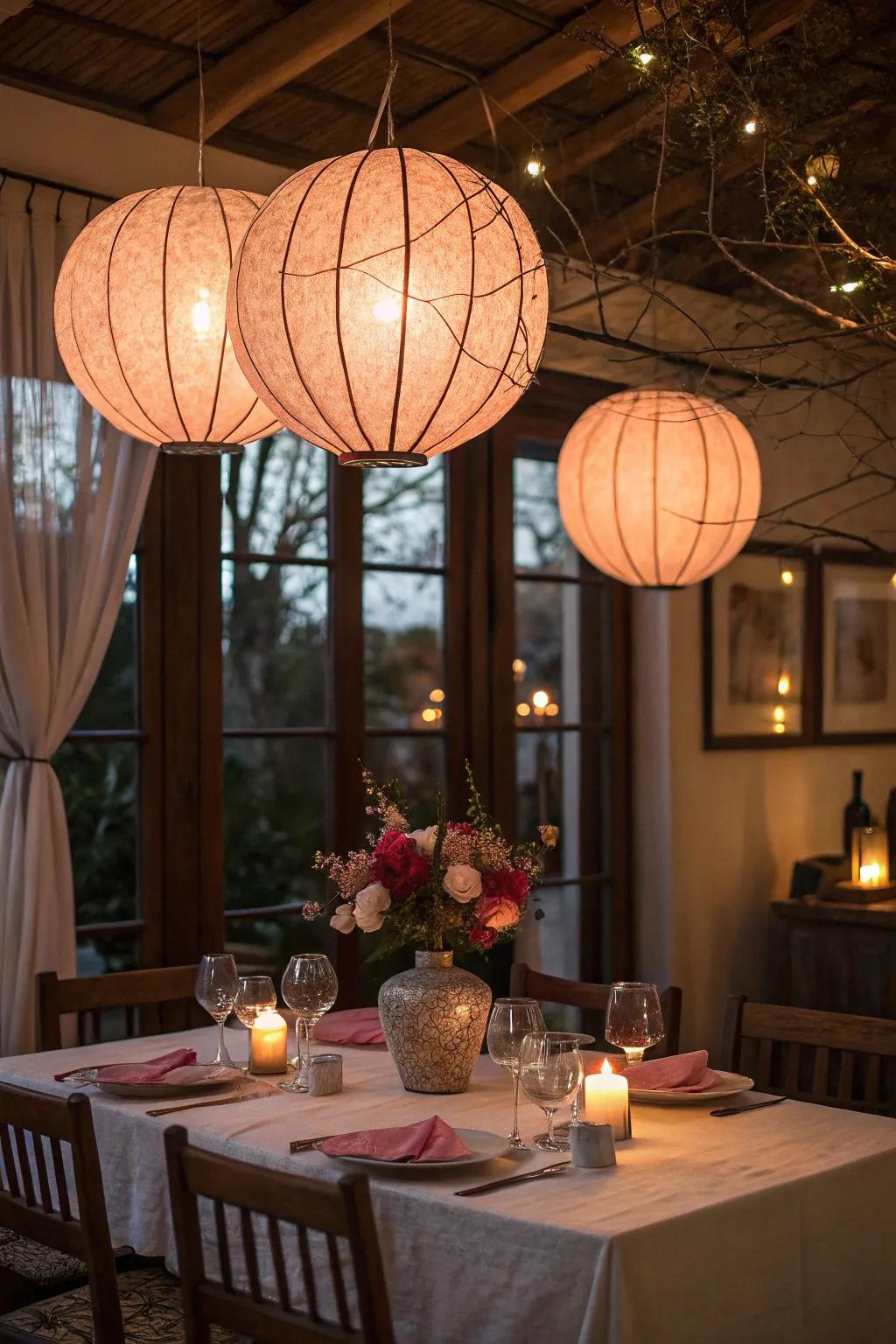 Hanging globes instill a romantic atmosphere for dining.