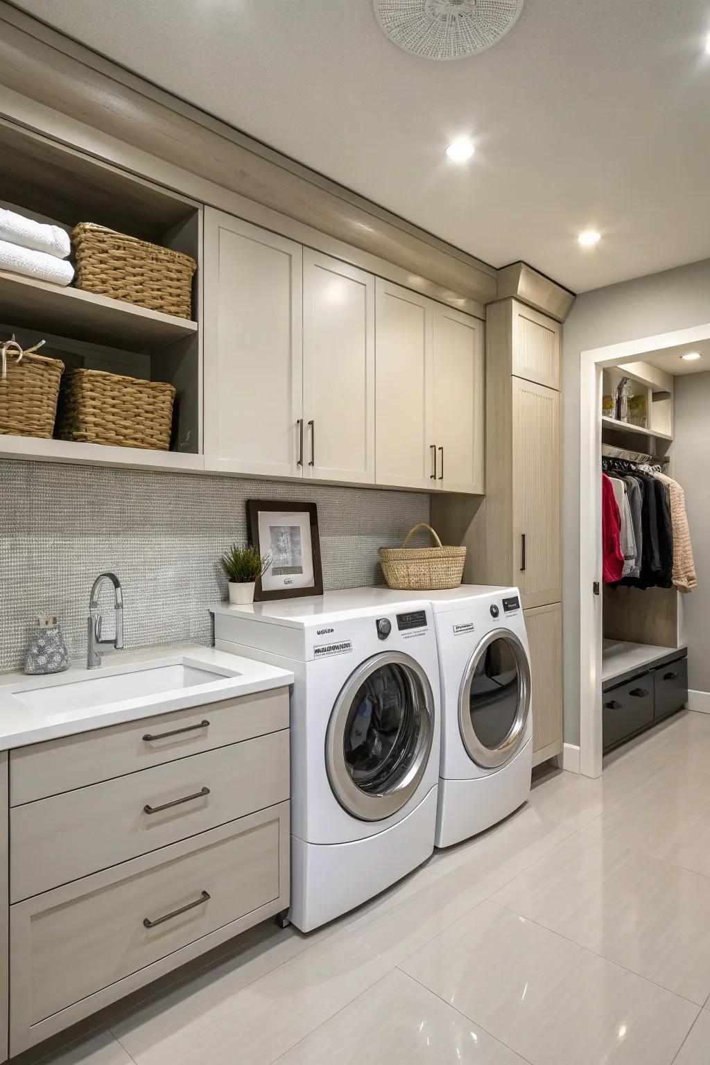 Sophisticated cabinetry enriches your laundry space with elegance.
