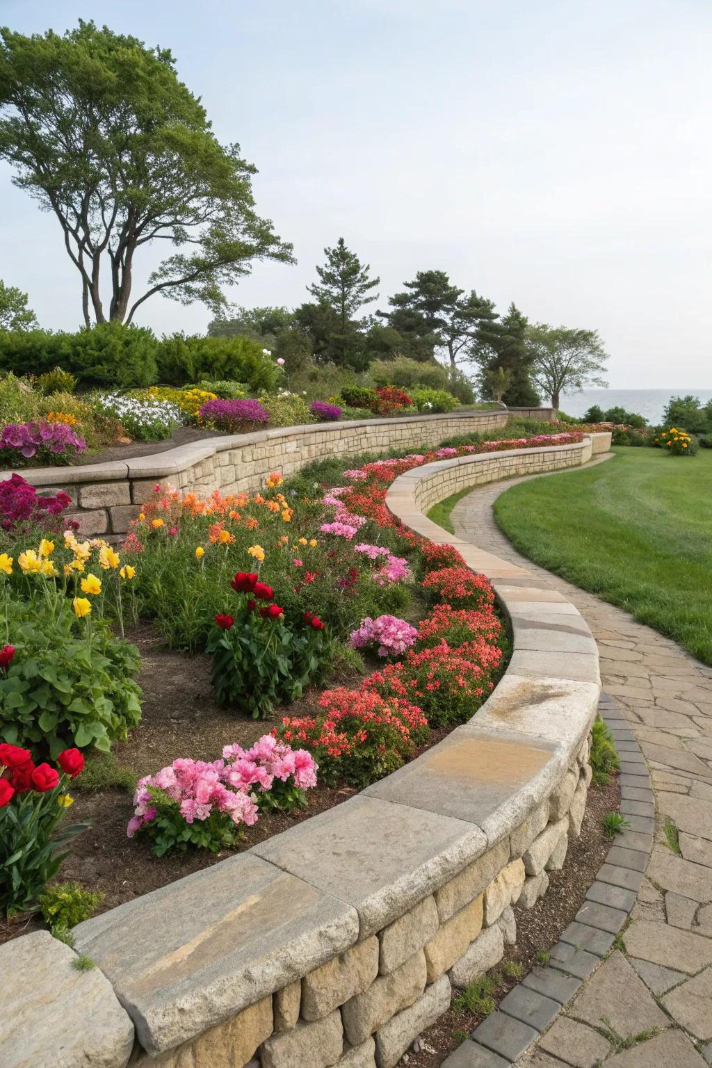 Elegant curved borders defined by natural stones.