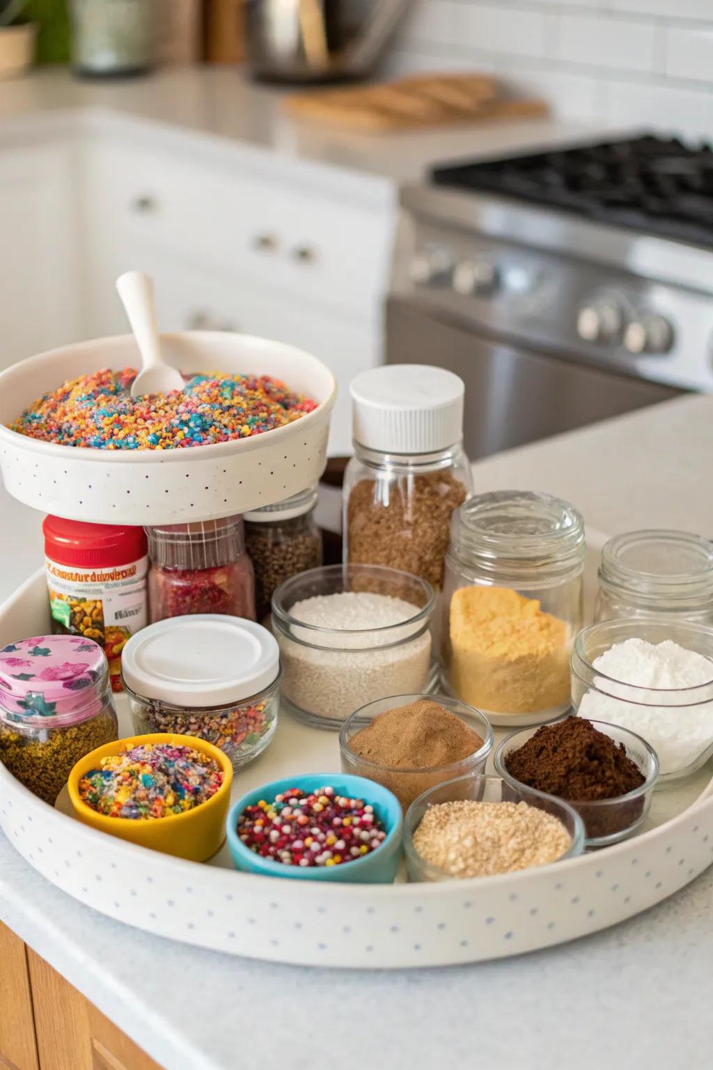 Create a baking supply station with a well-organized Lazy Susan.