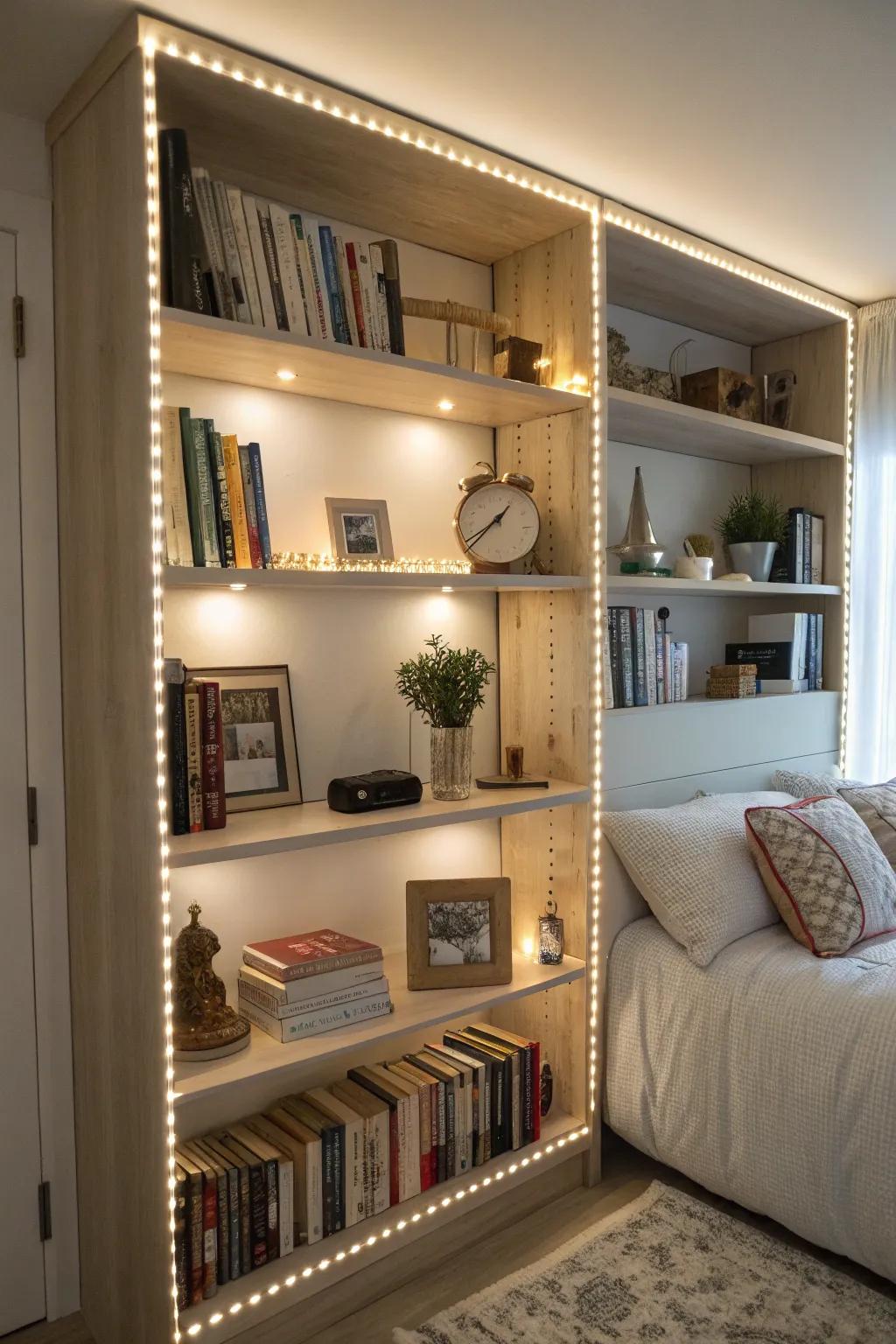 Shelves lit by <strong><em>LEDs</em></strong> improve the décor of your bedroom.” loading=”lazy” class=”pimg”>
	</picture><figcaption>Shelves lit by <strong><em>LEDs</em></strong> improve the décor of your bedroom.</figcaption></figure>
<p>Adding <strong><em>LED</em></strong> strips to the perimeters of shelves can make your décor stand out and give your space more depth. I believe this method is ideal for displaying treasured possessions or book collections in an elegant manner.</p>
<h3>Some ideas to consider:</h3>
<ul class=