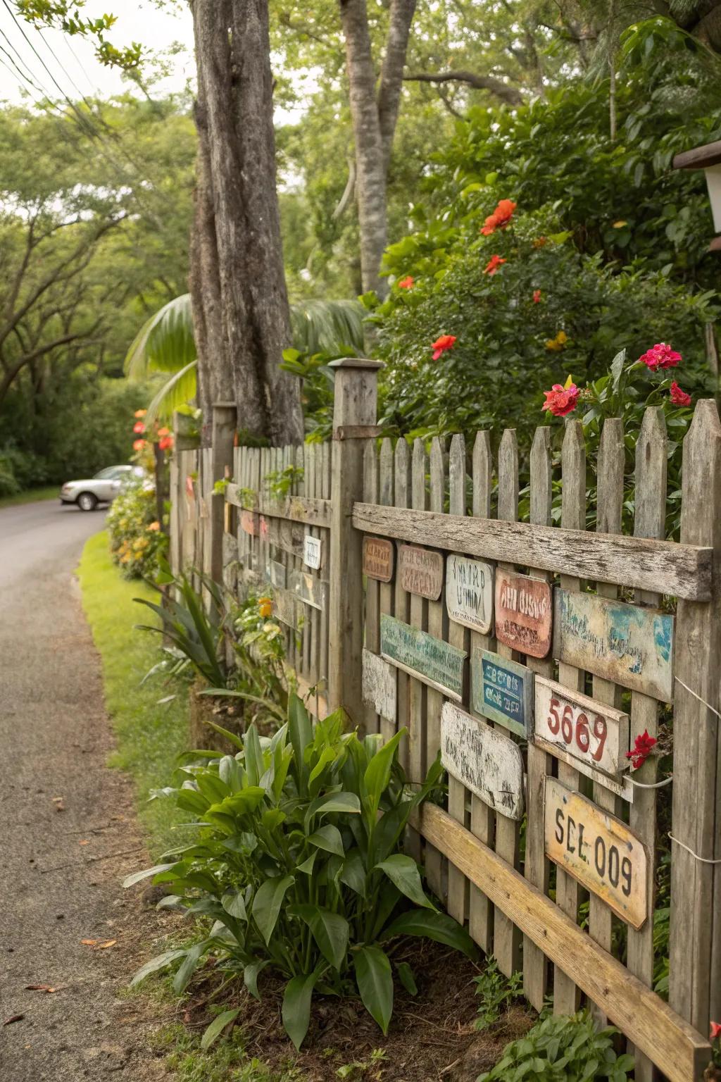 Bring a rustic feel to your outdoor area with license plate decorations.