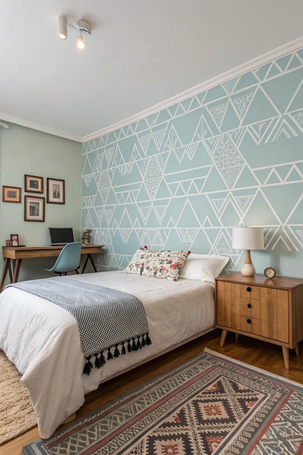 A sleeping quarter that features an accent wall in gentle sky blue with geometric patterns, crafting a striking focal point.