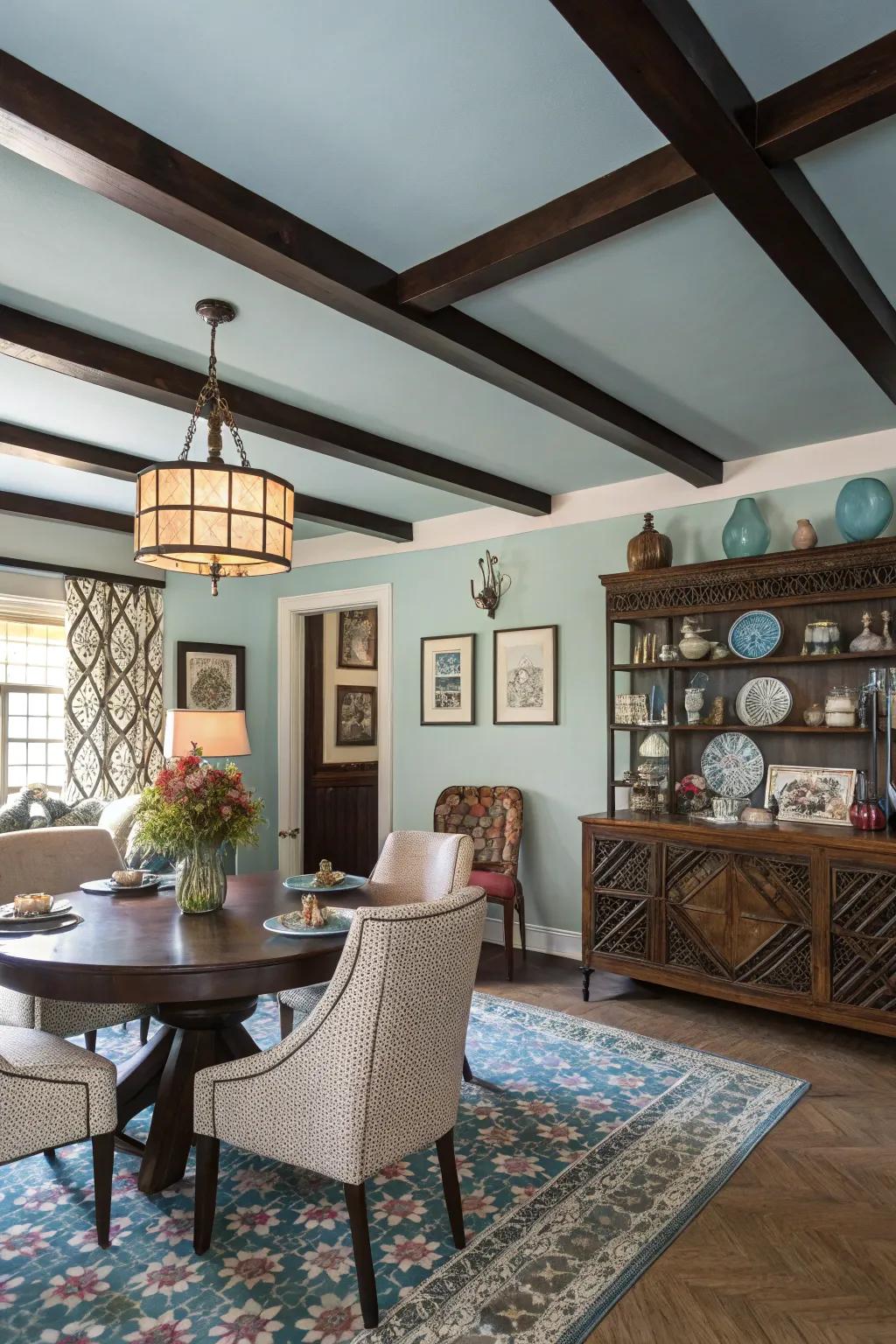 A sophisticated dining space highlighted by a striking sky-blue ceiling.