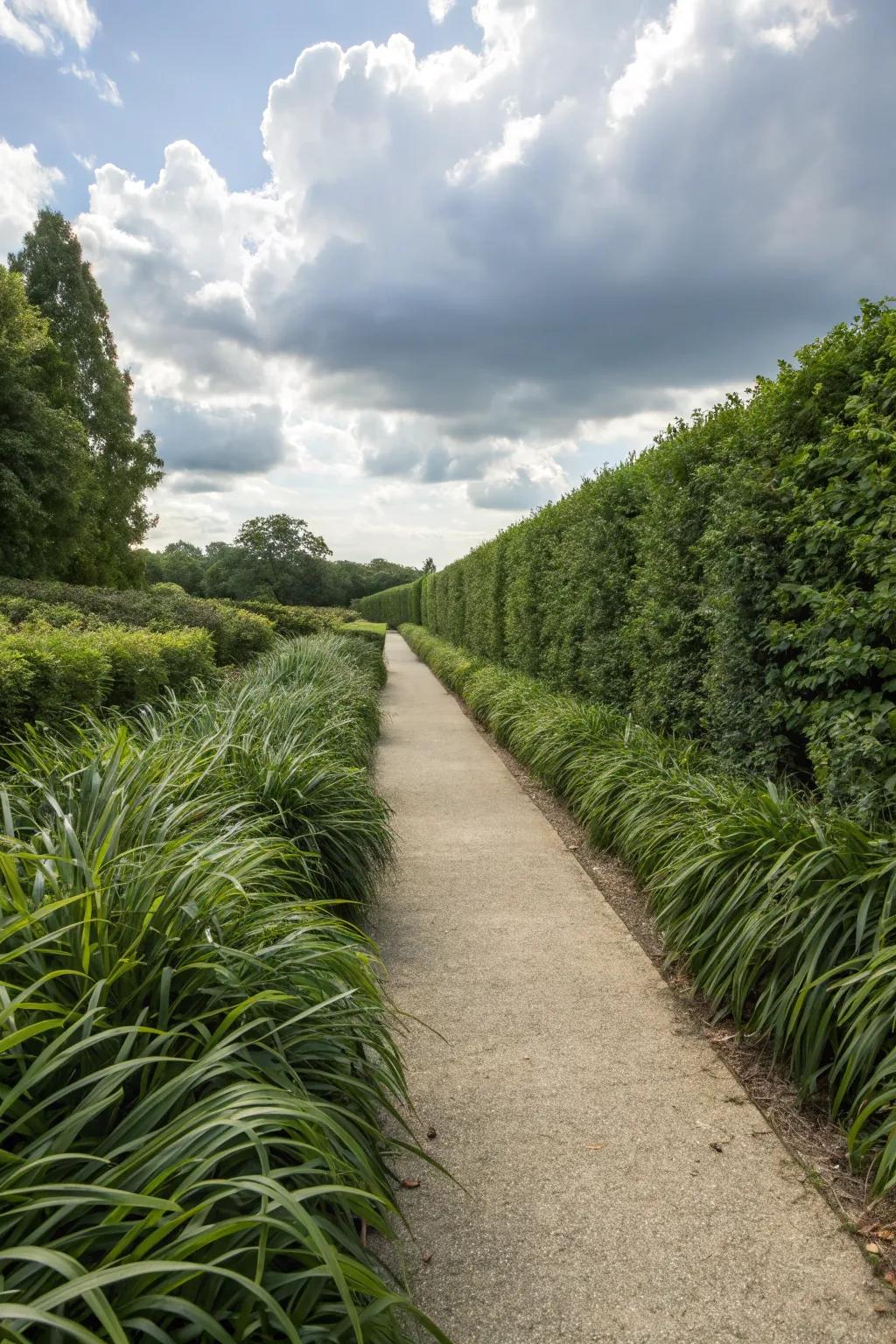 A garden pathway surrounded by the abundant greenery of ribbon grass.