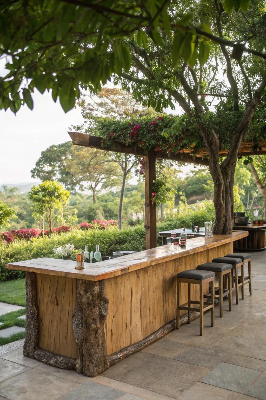A live edge bar is displayed outside against a backdrop of lush vegetation, perfect for entertaining.
