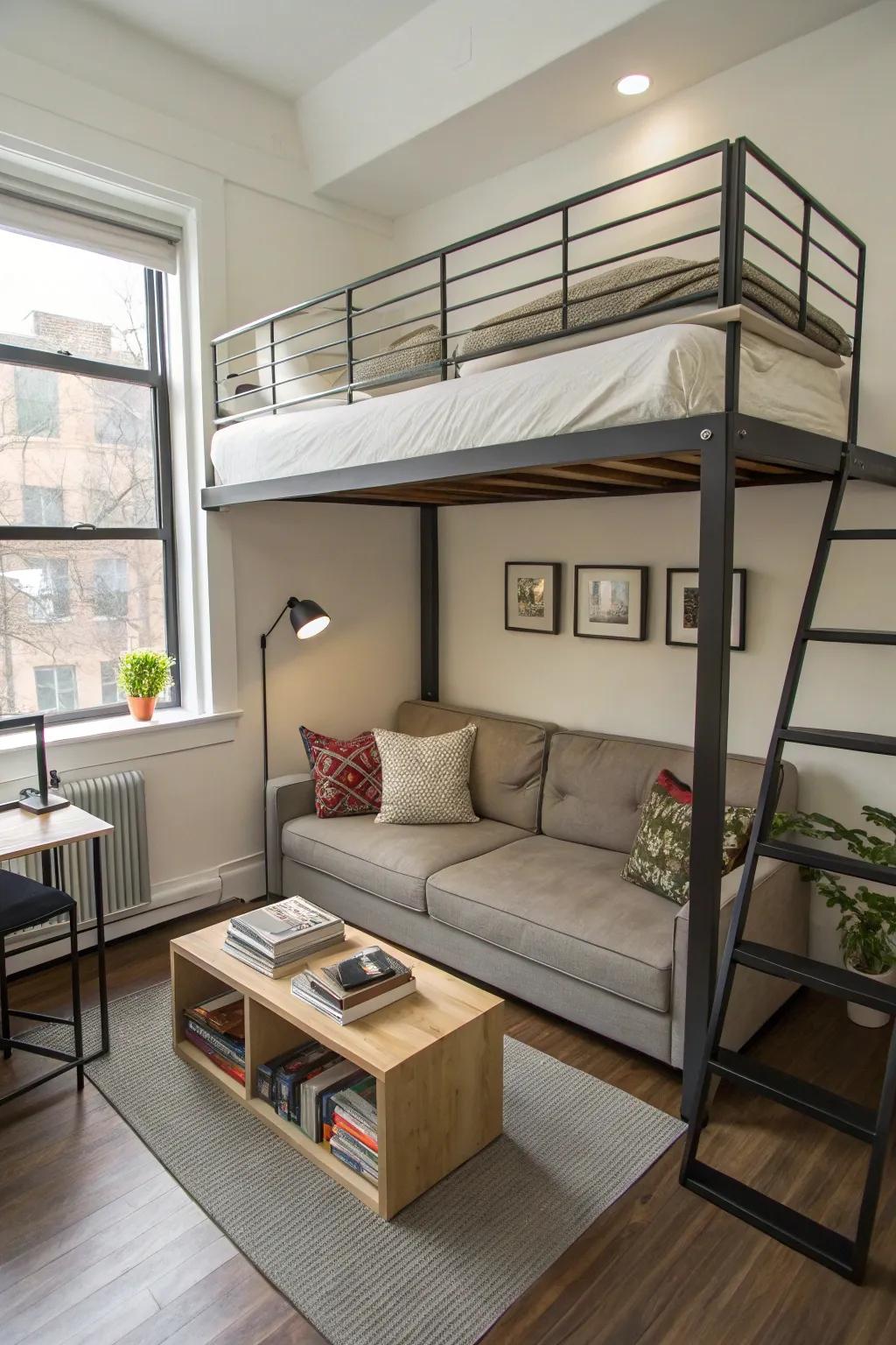 A loft bed exemplifies maximizing space upwards.