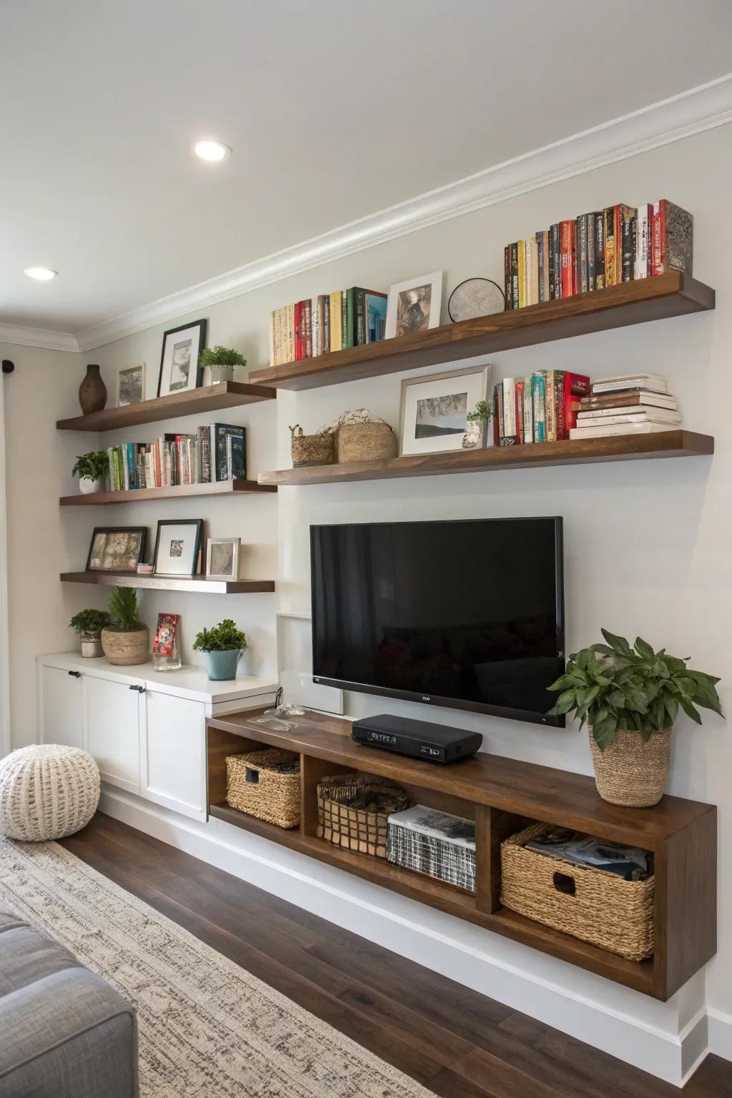 Frame your TV with floating shelves for a balanced look.