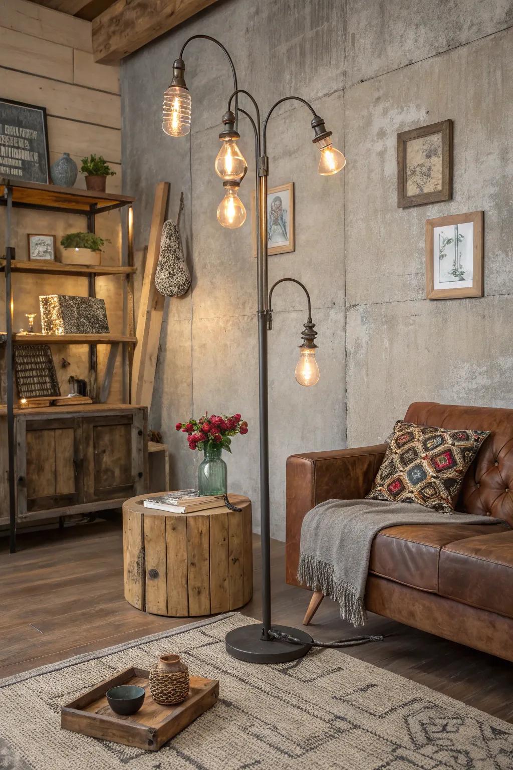An industrial-style living room with a characterful metal floor lamp.