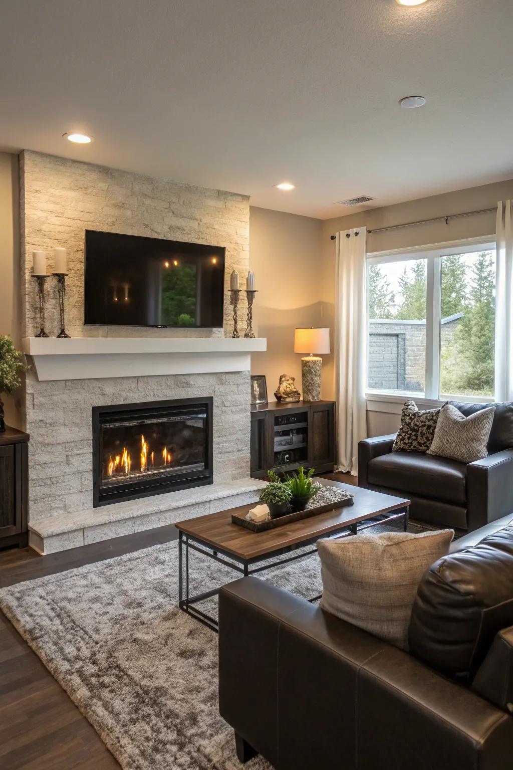 A living room with two focal points: a fireplace and a TV.
