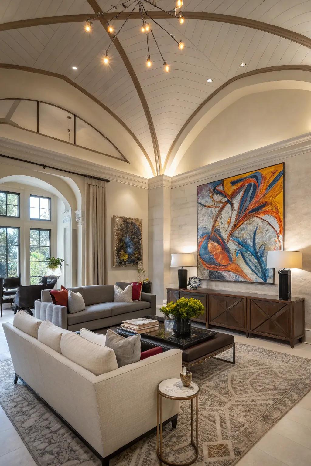 Large-scale art captures attention in this high-ceilinged space.