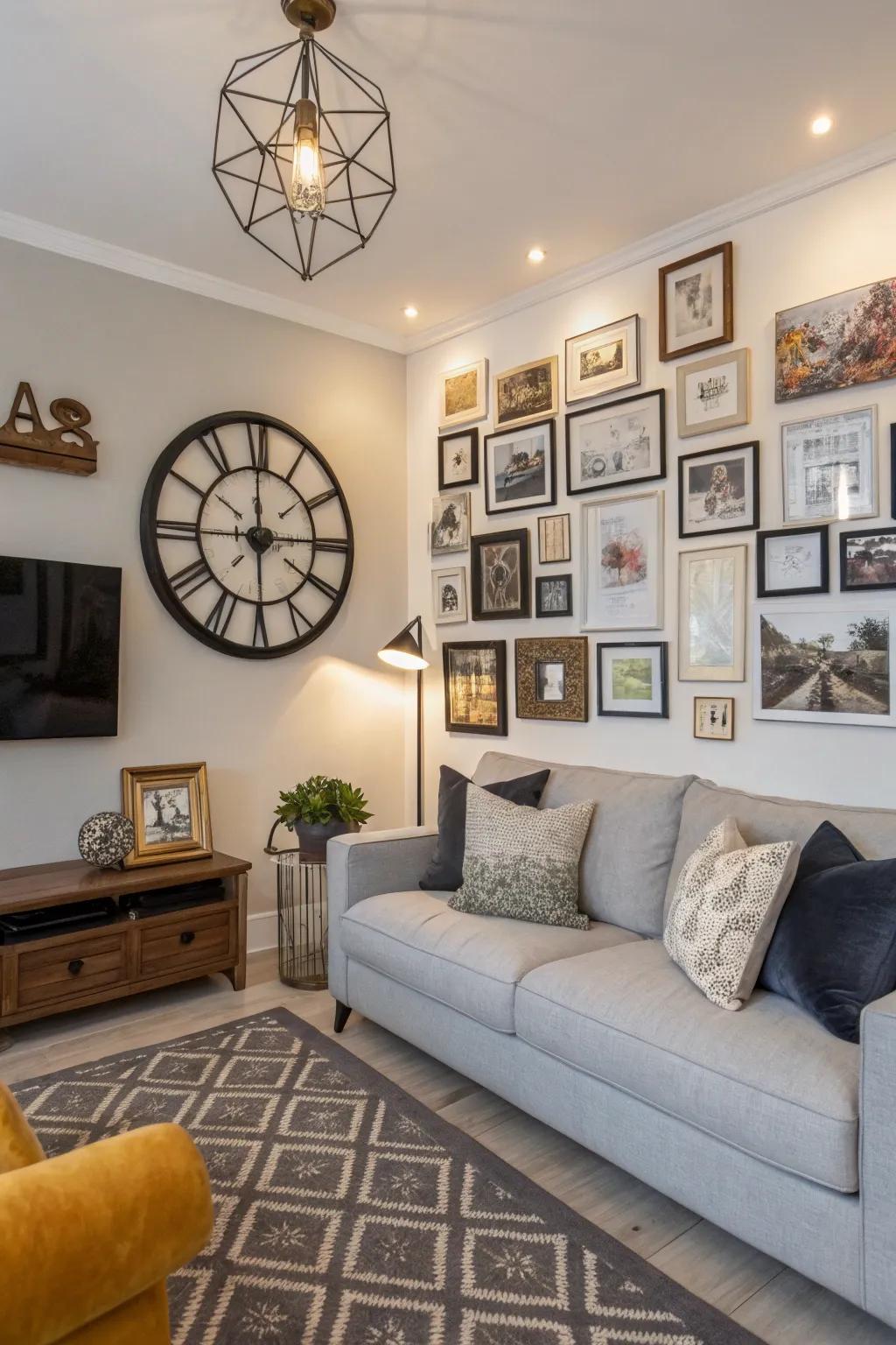 A gallery wall featuring a clock transforms into a compelling artistic focal point.