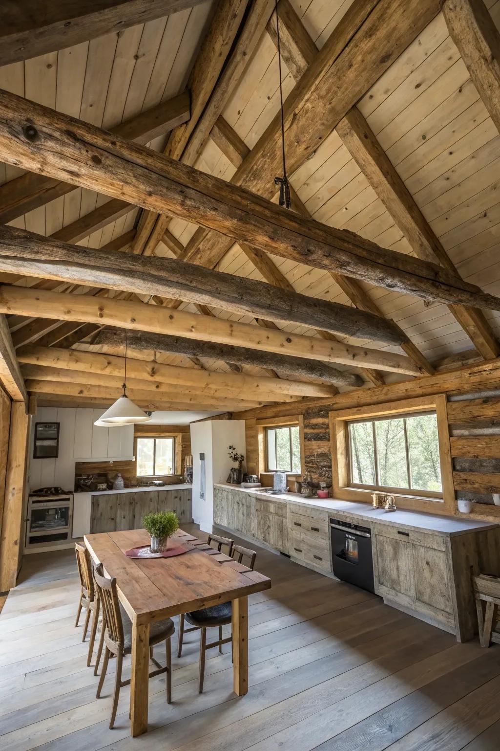 This large log cabin kitchen features striking exposed wood beams, adding character and height.