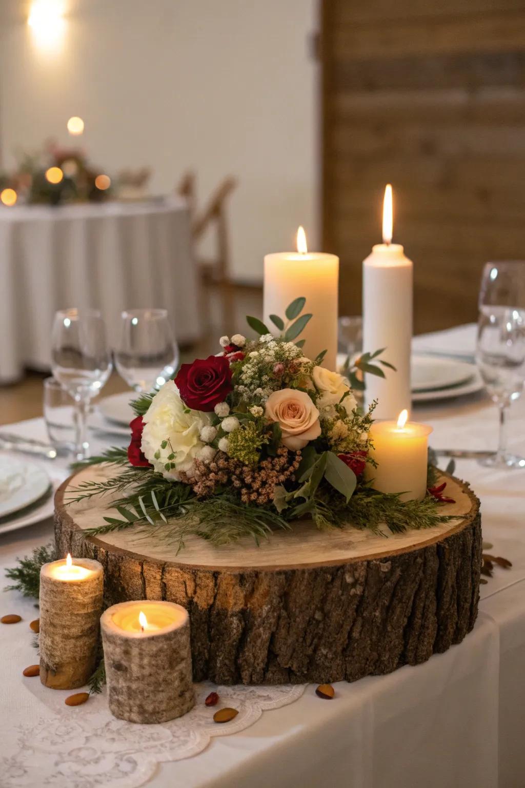 A dining display enhanced by a rustic timber centerpiece.