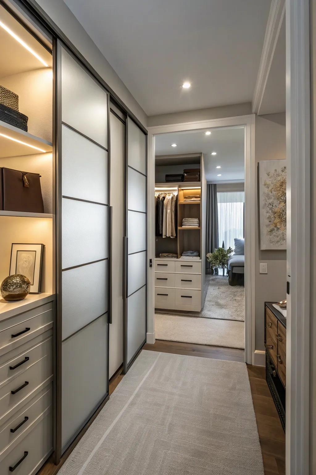 Sliding panels infuse flair while conserving space.