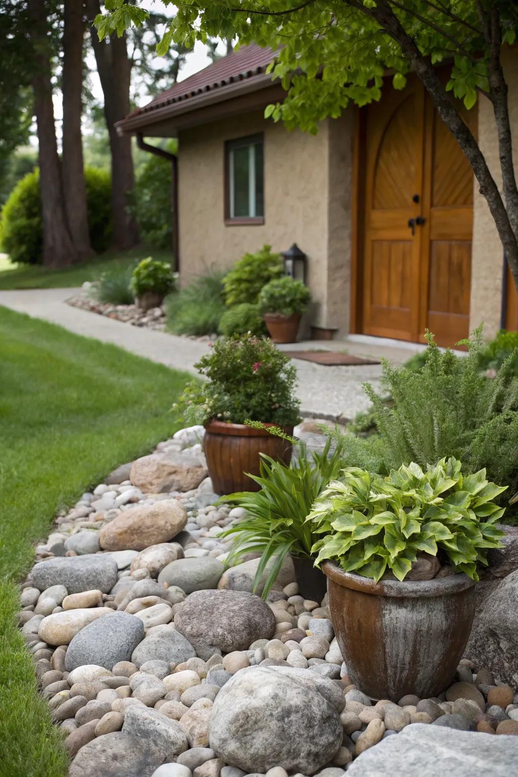 Vase flora elegantly positioned atop a stone setting.